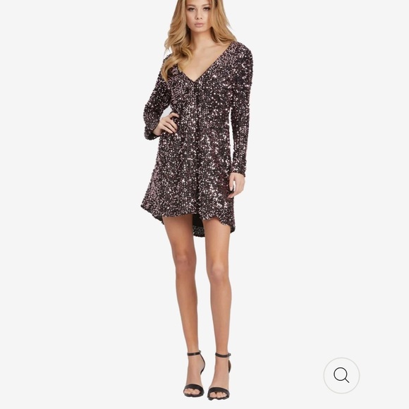 NWT IEENA Mac Duggal Sequined V Neck Long Sleeve Flowy Sample Mini Dress - Picture 1 of 8